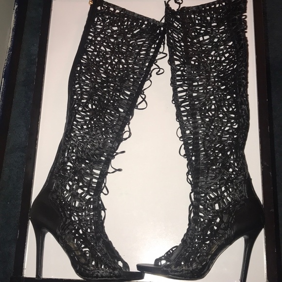 Tall black detailed lace up heels - Picture 3 of 8